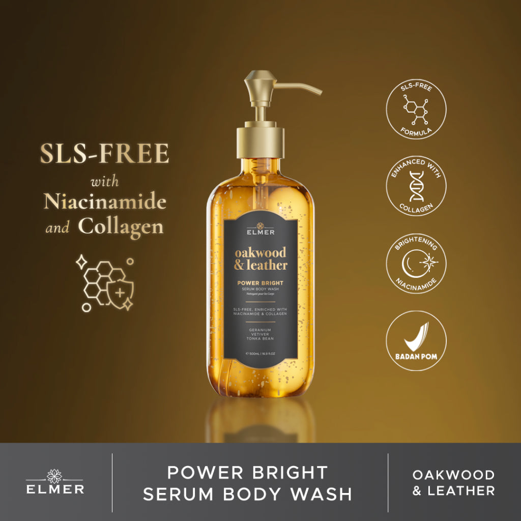 ELMER Oakwood & Leather Body Wash Power Bright Serum With Niacinamide And Collagen Sabun Mandi Shower Soap