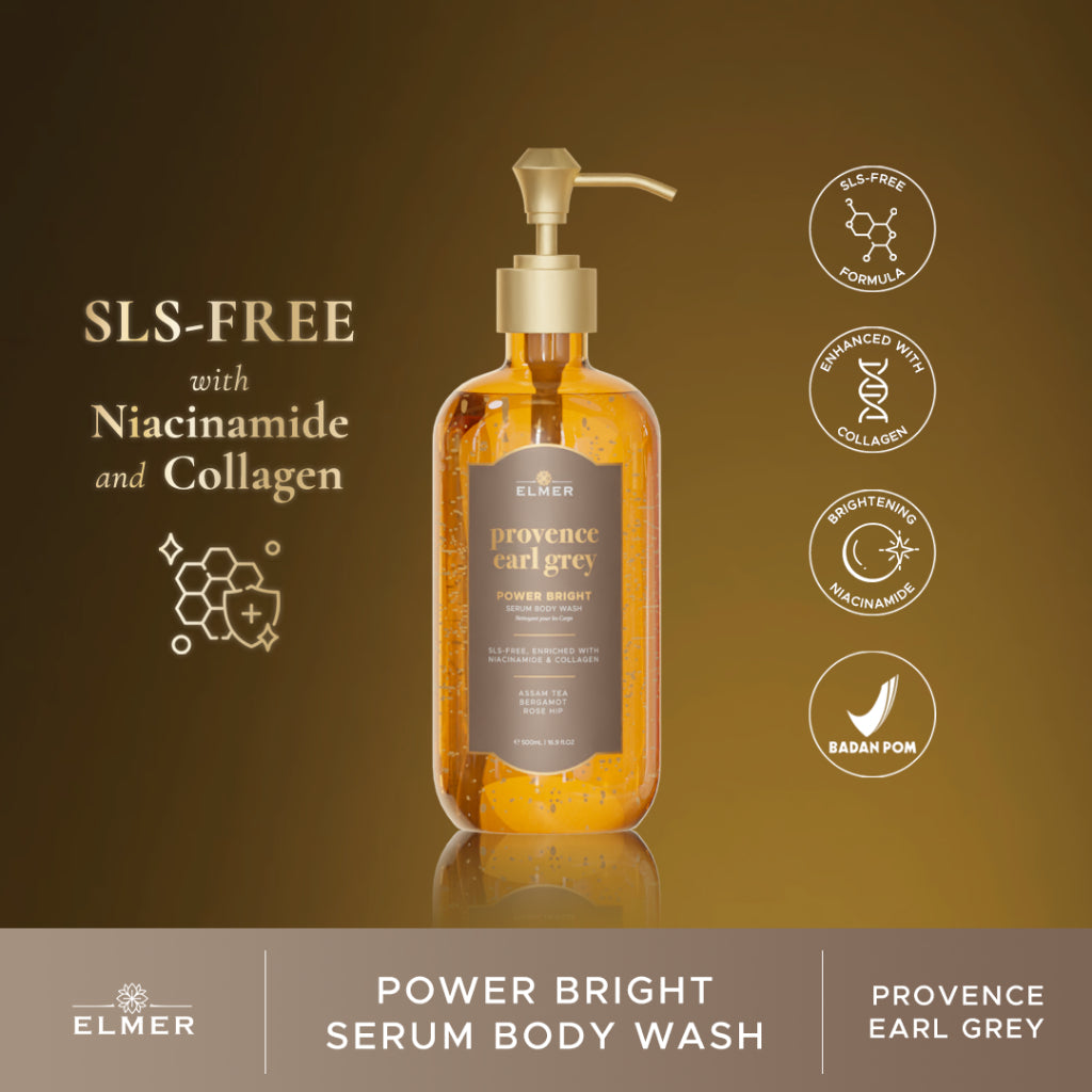 ELMER Provence Earl Grey Body Wash Power Bright Serum With Niacinamide & Collagen Sabun Mandi