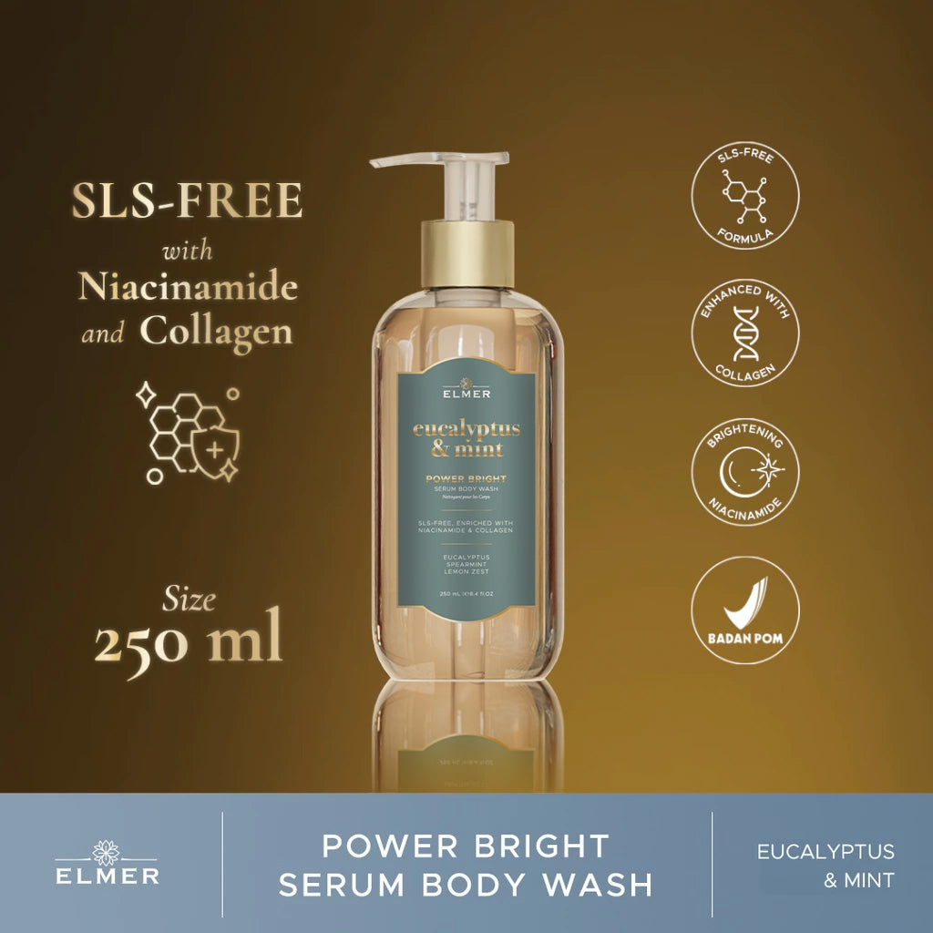 ELMER Eucalyptus & Mint Body Wash 500ml Power Bright Serum With Niacinamide And Collagen Sabun Mandi