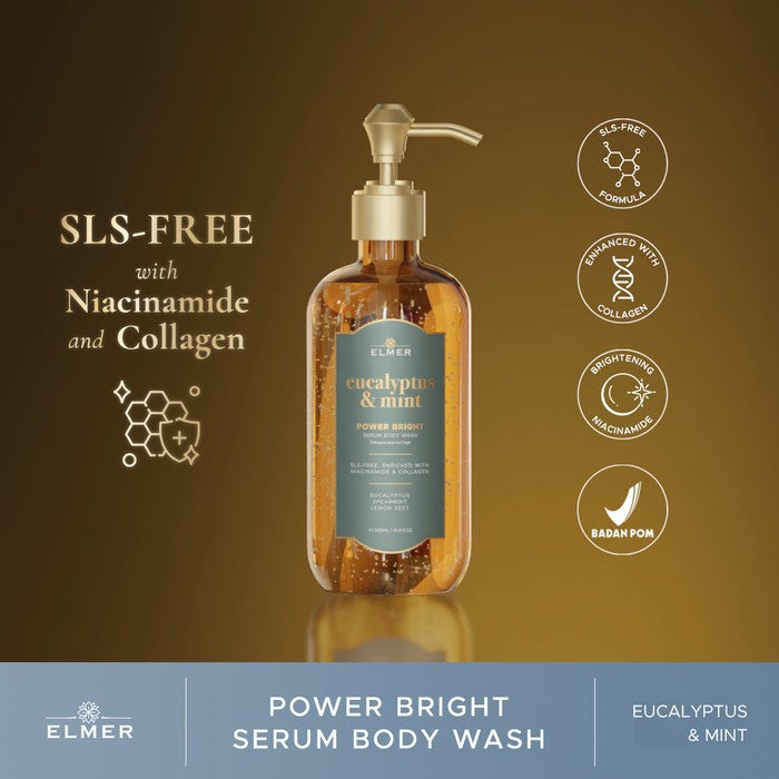 ELMER Eucalyptus & Mint Body Wash 500ml Power Bright Serum With Niacinamide And Collagen Sabun Mandi
