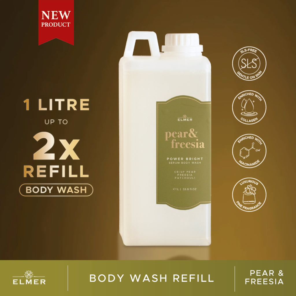 ELMER Refill Body Wash 1000ml Power Bright Serum Body Wash With Niacinamide And Collagen Sabun Mandi Shower Soap