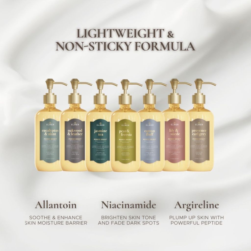 Body Lotion - Lily & Suede (Power Bright Serum Body Lotion ELMER) | Body Lotion 500ml | Mencerahkan & Melembabkan | Tidak Lengket | Wangi Tahan Lama